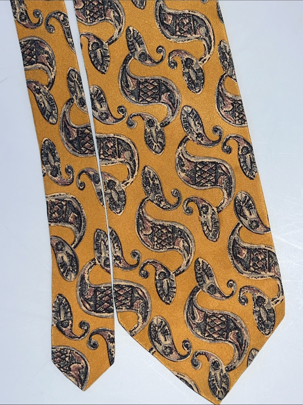 Vintage Joseph Abboud Mustard Paisley Silk Tie with Black and Brown Accents 57”